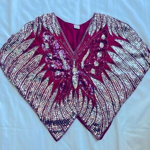 Vintage 80s Sequin and Beads Silk Butterfly Blouse